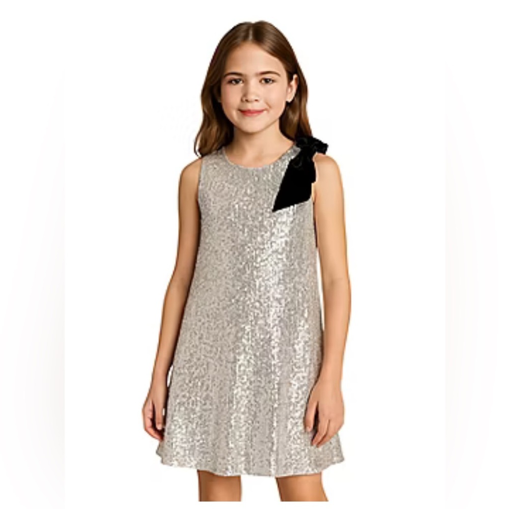 Silver Sequin Party Dress with Black Shoulder Bow
